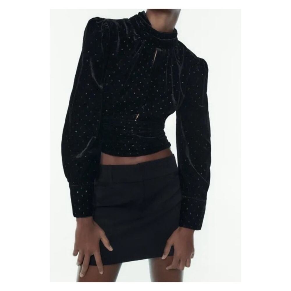 ZARA‎ Velvet Metallic Keyhole Cut Out Crop Top S Black